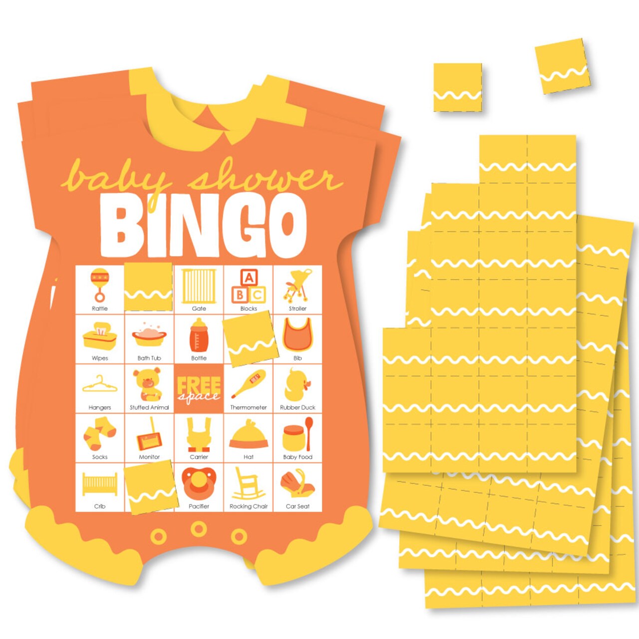 Big Dot of Happiness Orange and Yellow Wavy Baby Shower Bingo Cards and Markers, Orange Retro-Themed Party Activity, Picture Bingo Game - Set of 18